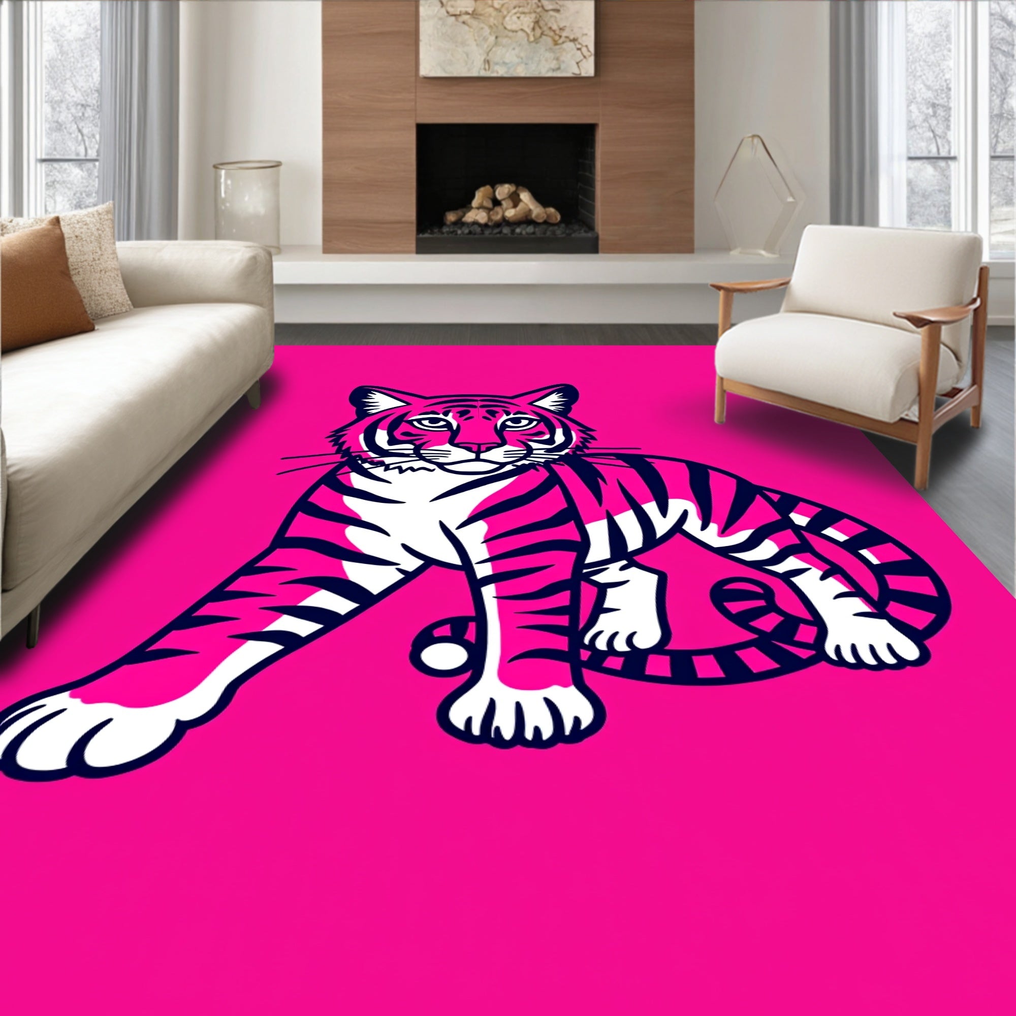 Bold Pink Tiger Portrait Rug