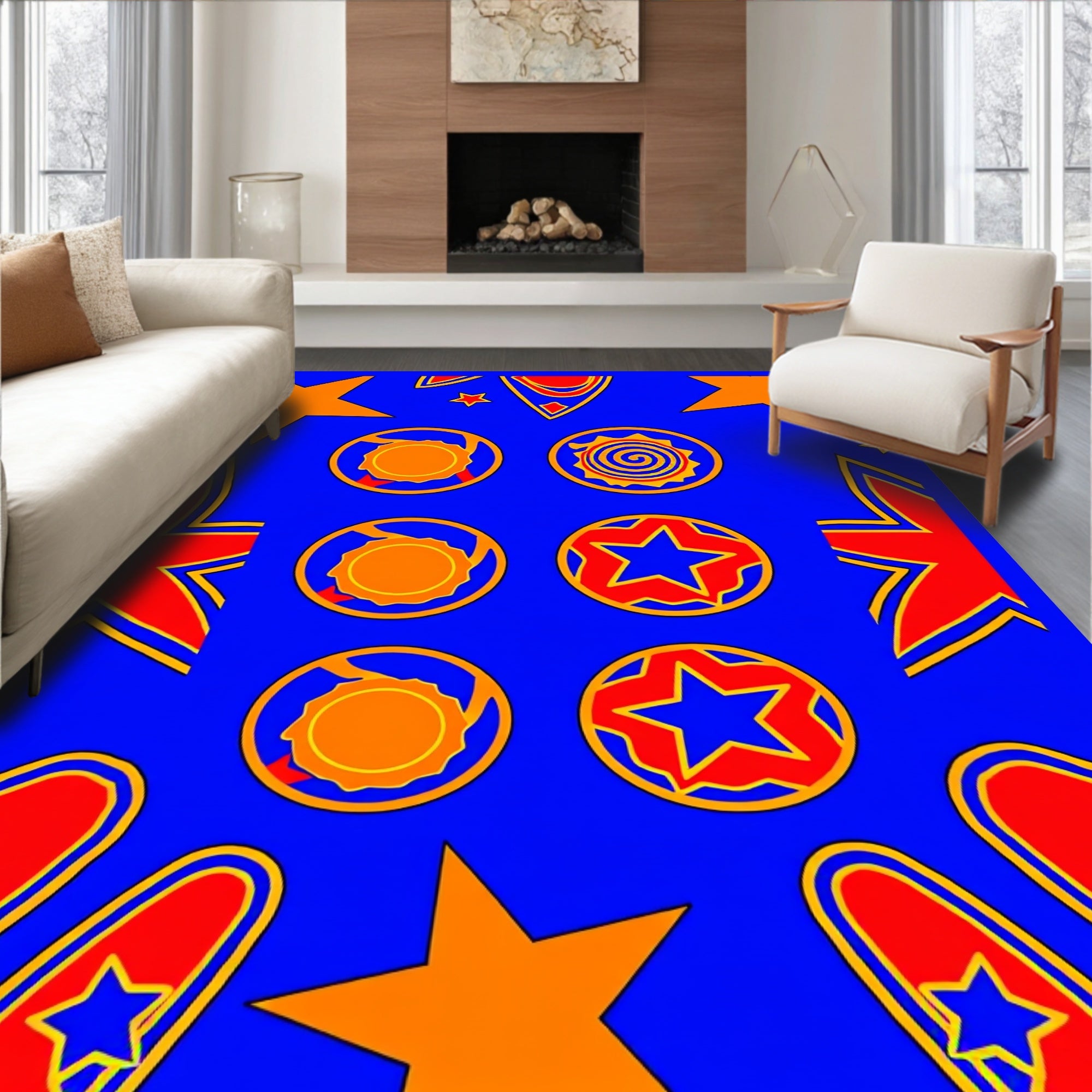 Vibrant Blue Orange Starburst Circles Rug