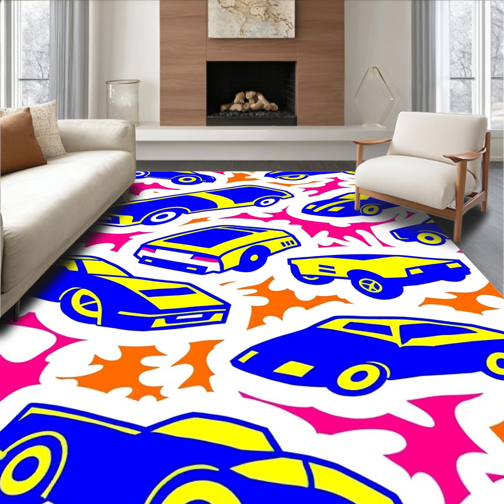 Retro Blue Yellow Sports Cars Rug