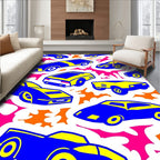 Retro Blue Yellow Sports Cars Rug