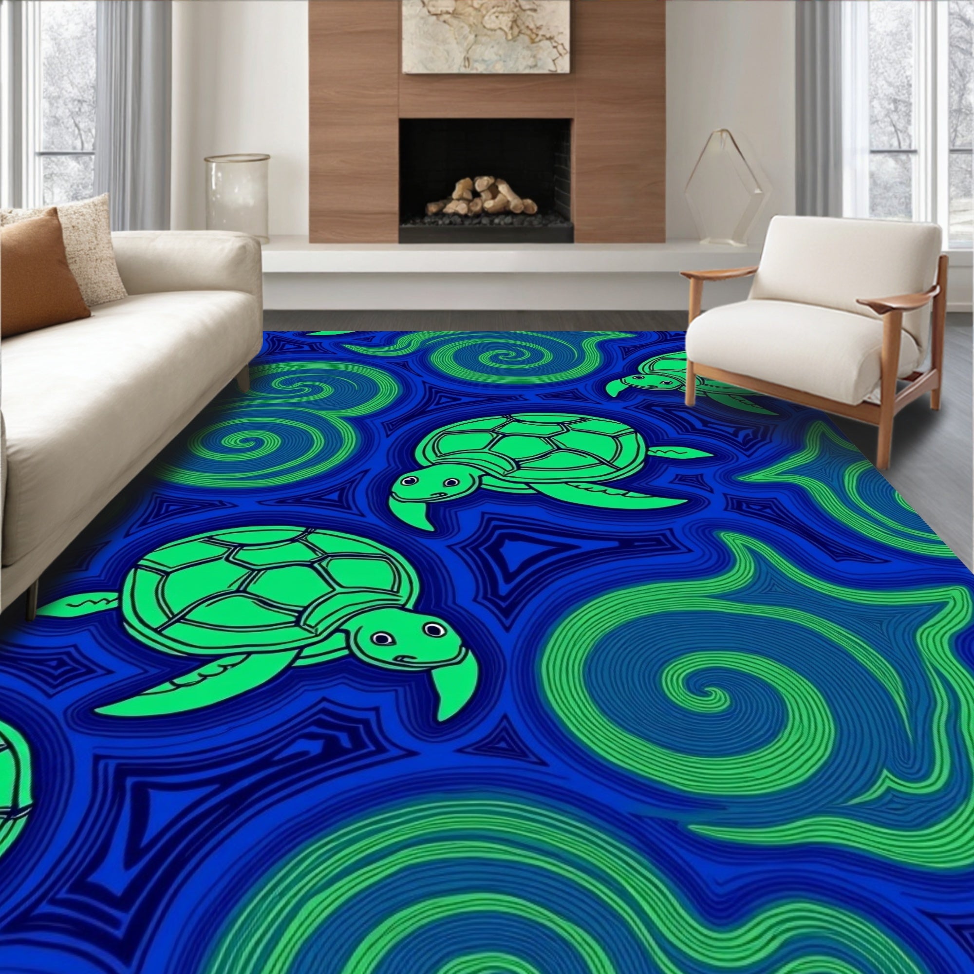 Oceanic Blue Green Sea Turtle Swirls Rug