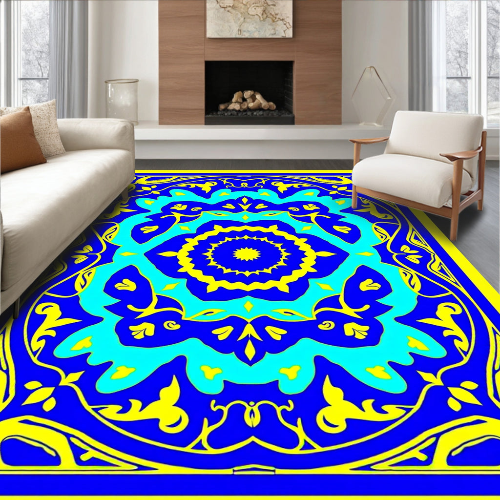 Bold Yellow Blue Floral Medallion Rug