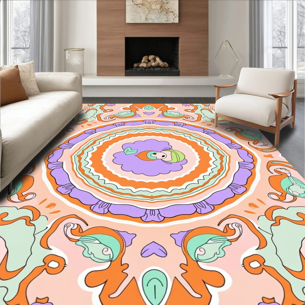 Whimsical Orange Lavender Swirl Medallion Rug
