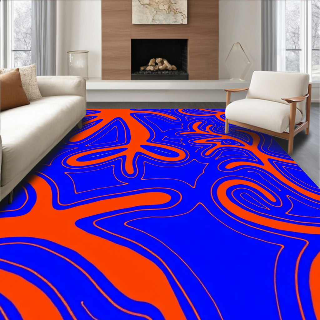 Vibrant Blue Orange Abstract Swirl Rug