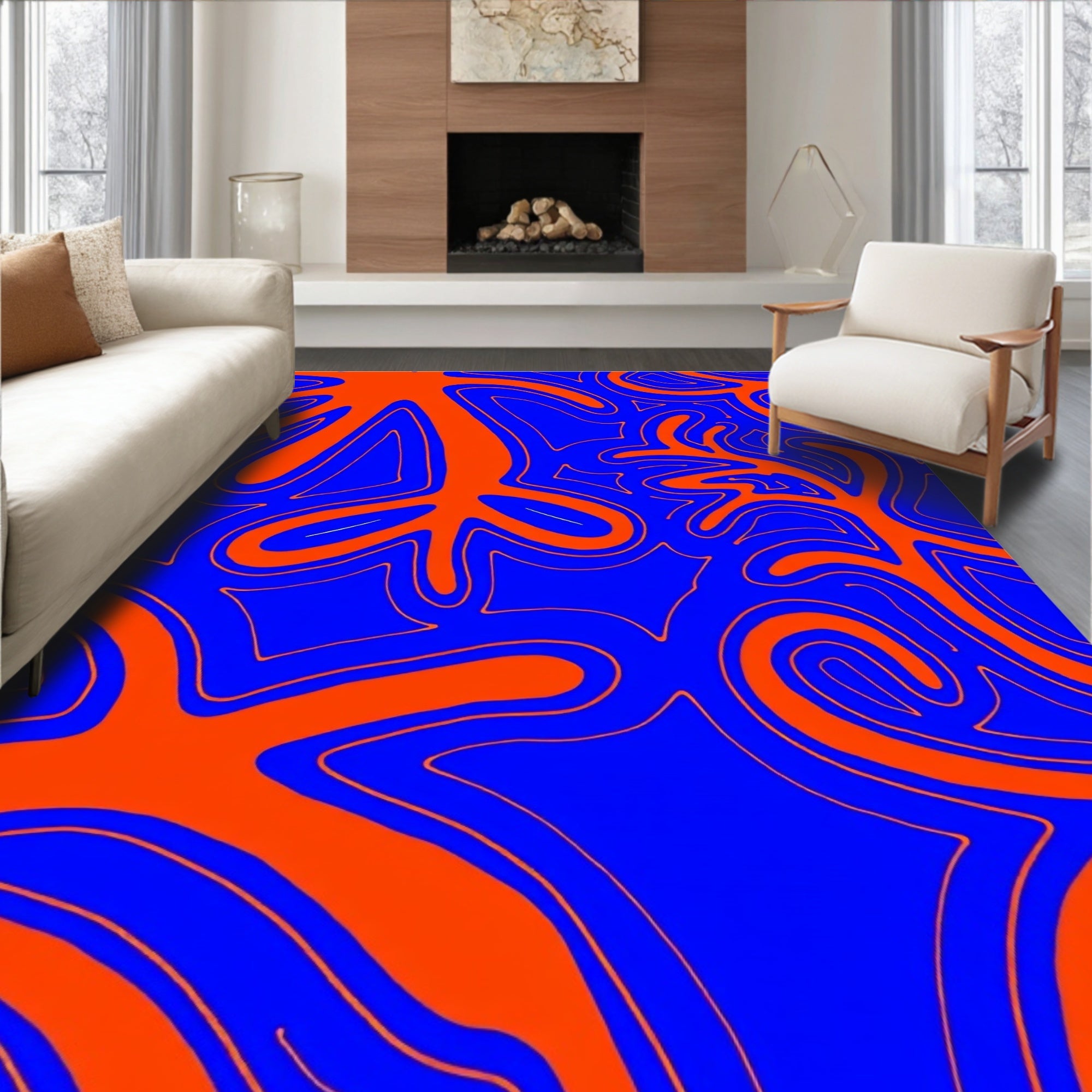 Vibrant Blue Orange Abstract Swirl Rug