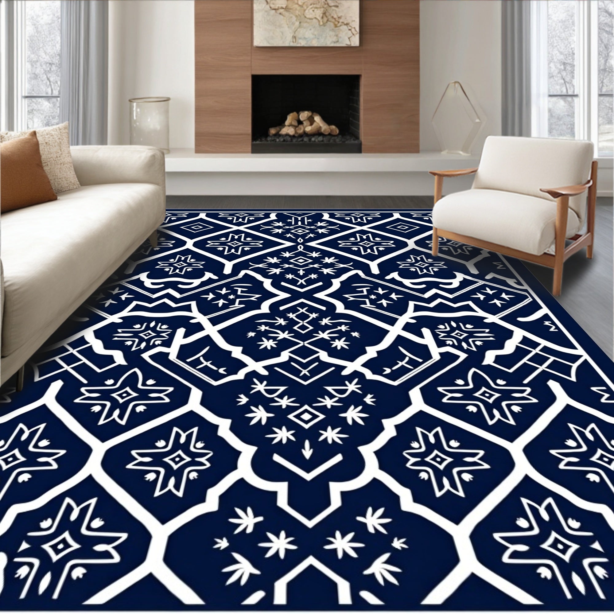 Deep Blue Floral Medallion Geometric Rug