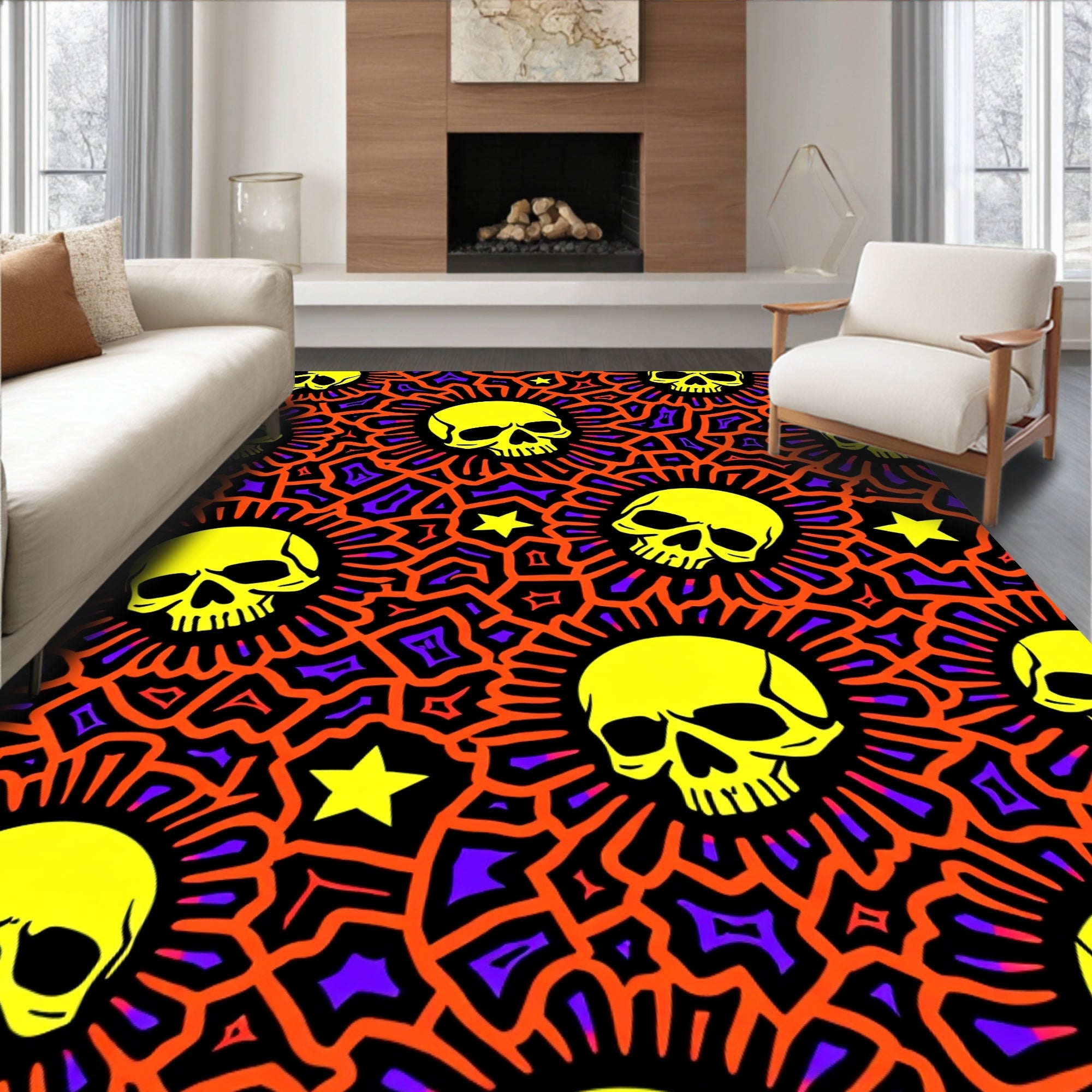 Yellow Skull Sunburst Orange Purple Rug