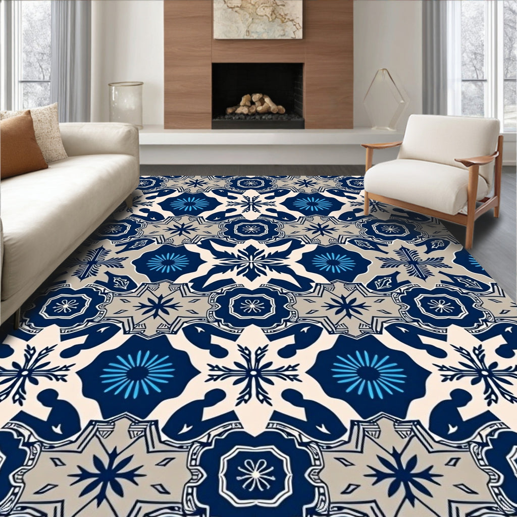 Navy Blue Ivory Geometric Starburst Rug