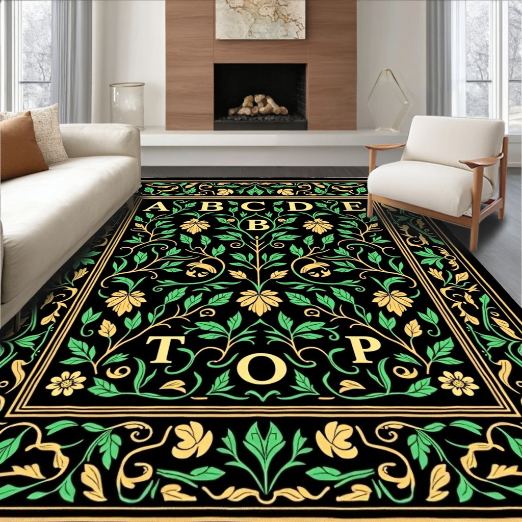 Black Emerald Floral Alphabet Border Rug
