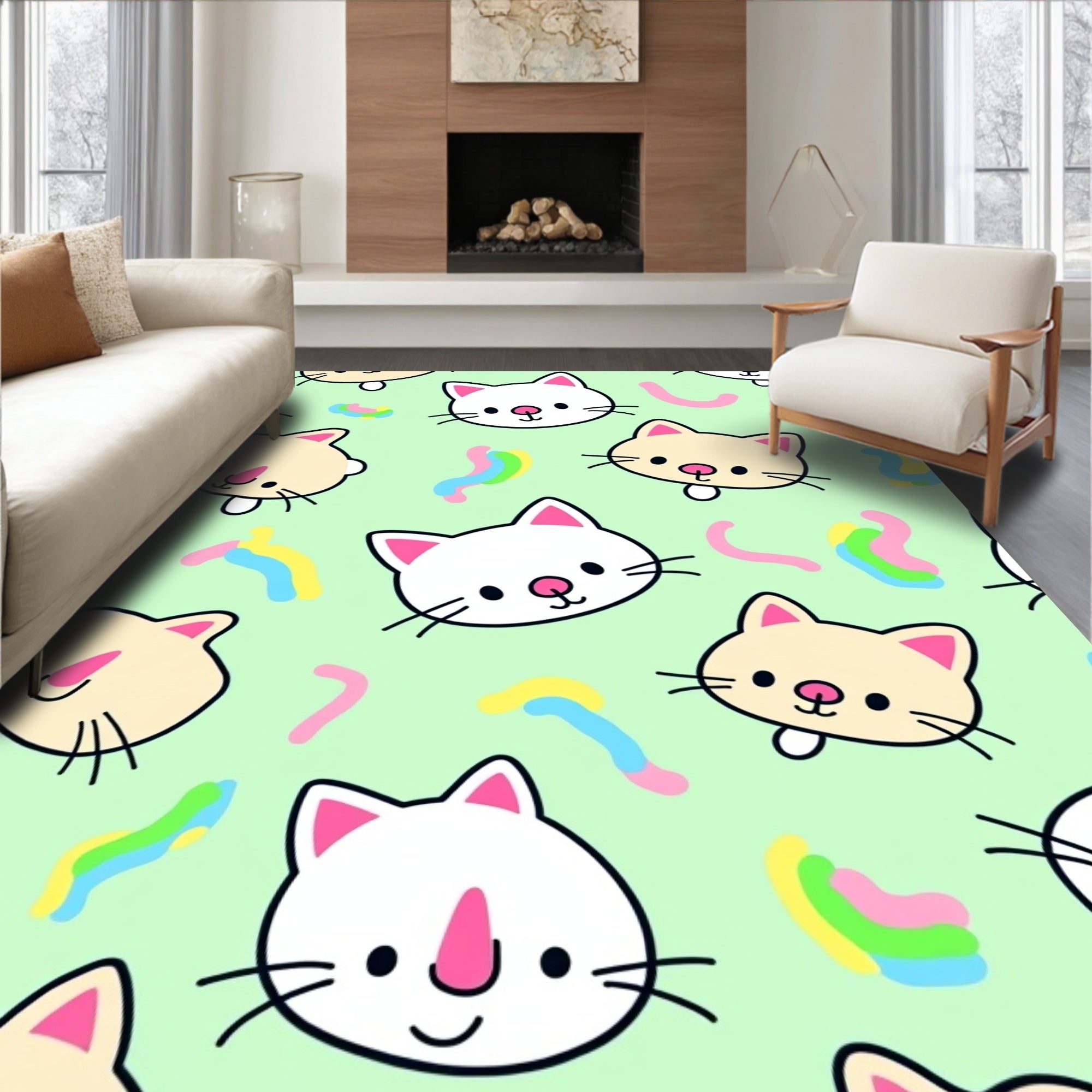 Cute Kawaii Cats Rainbow Swirls Rug