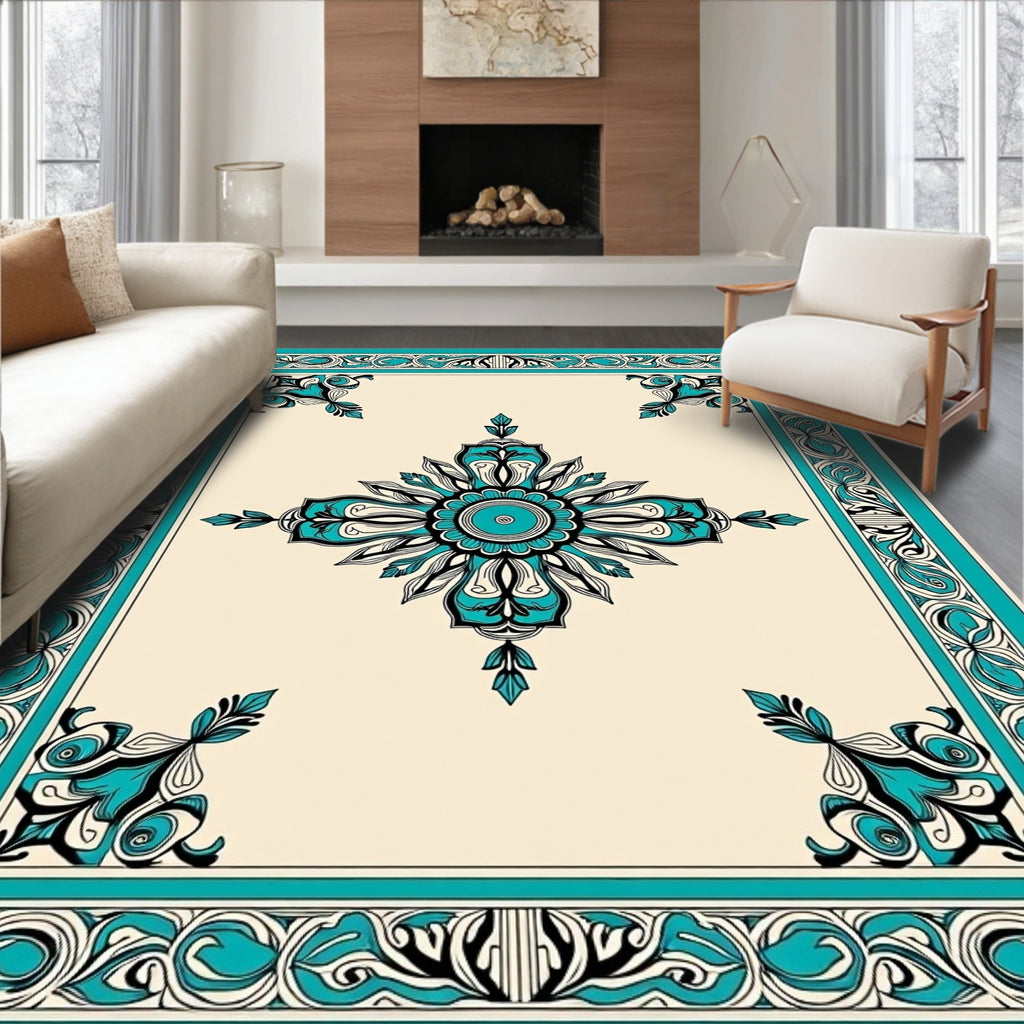 Turquoise Floral Medallion Classic Border Rug