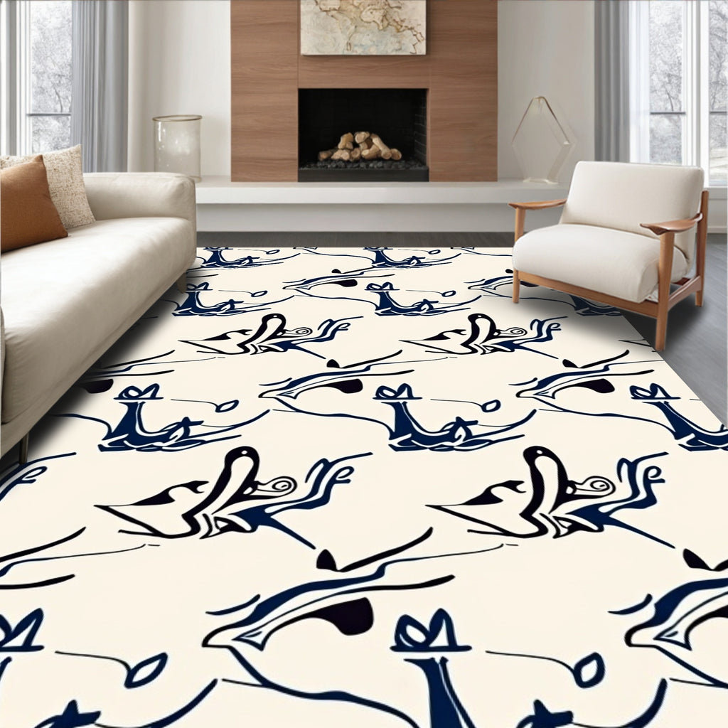 Dark Blue Abstract Whimsical Birds Rug
