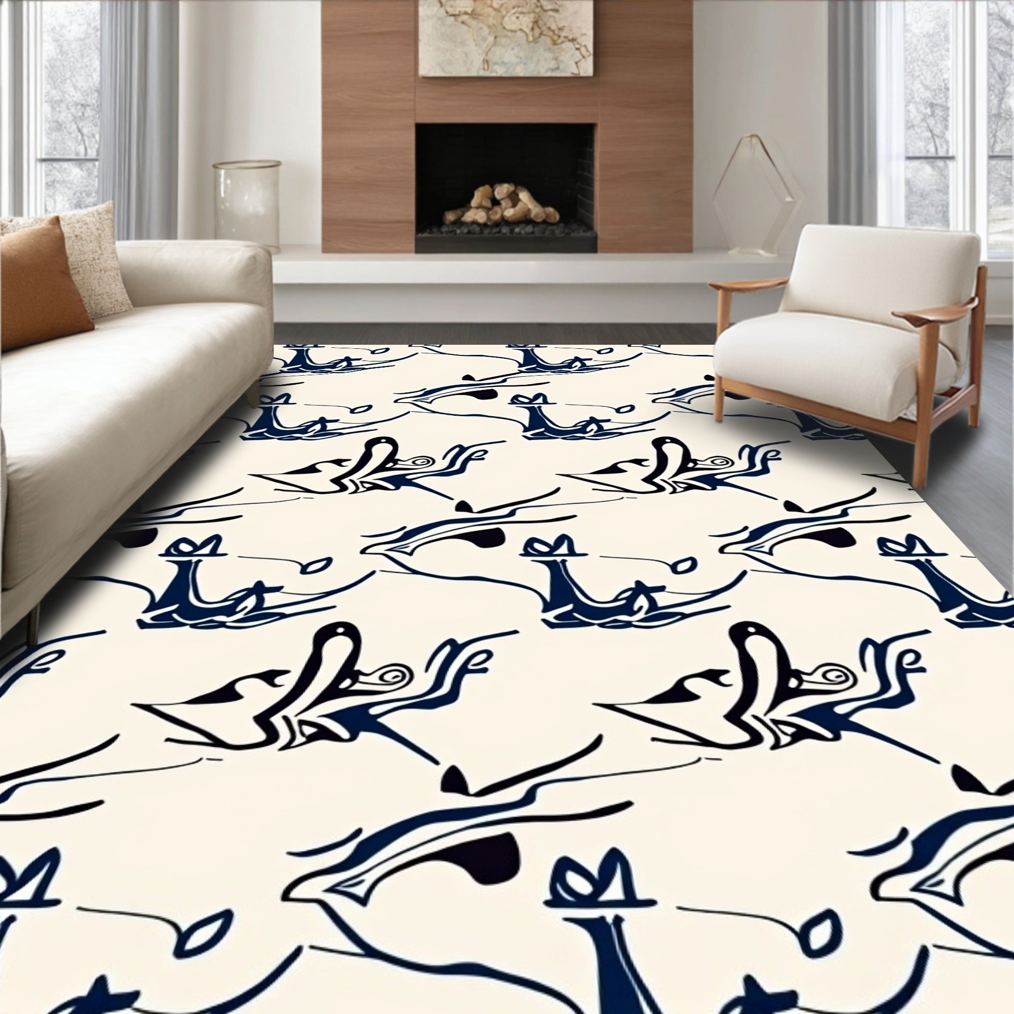 Dark Blue Abstract Whimsical Birds Rug