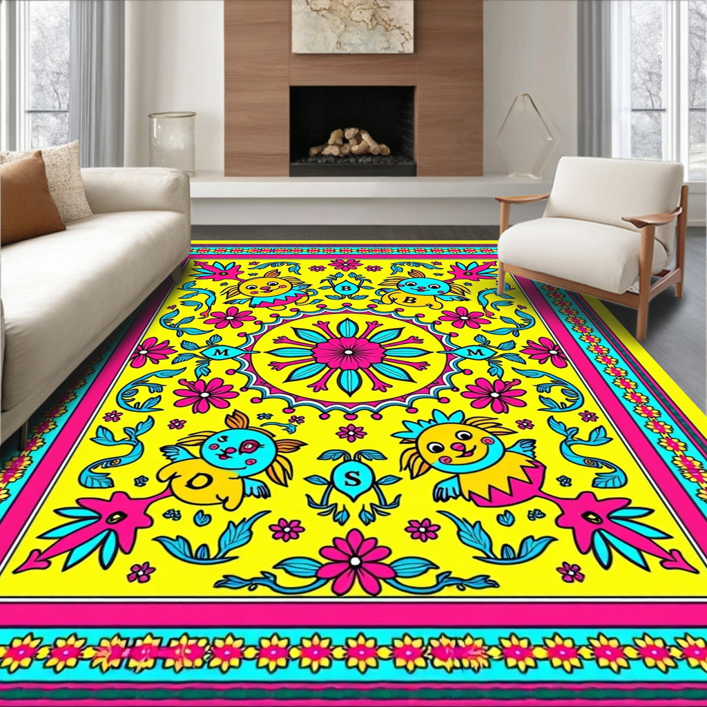 Vibrant Yellow Whimsical Creatures Floral Rug