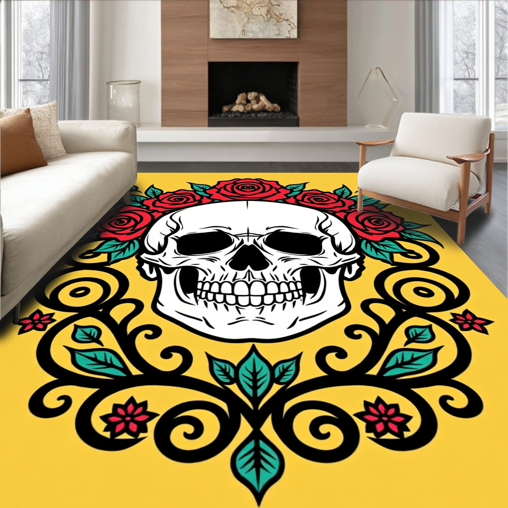 Red Rose Skull Tattoo Art Rug
