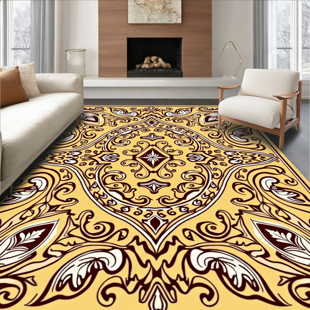 Yellow Burgundy Oval Leaf Scroll Rug