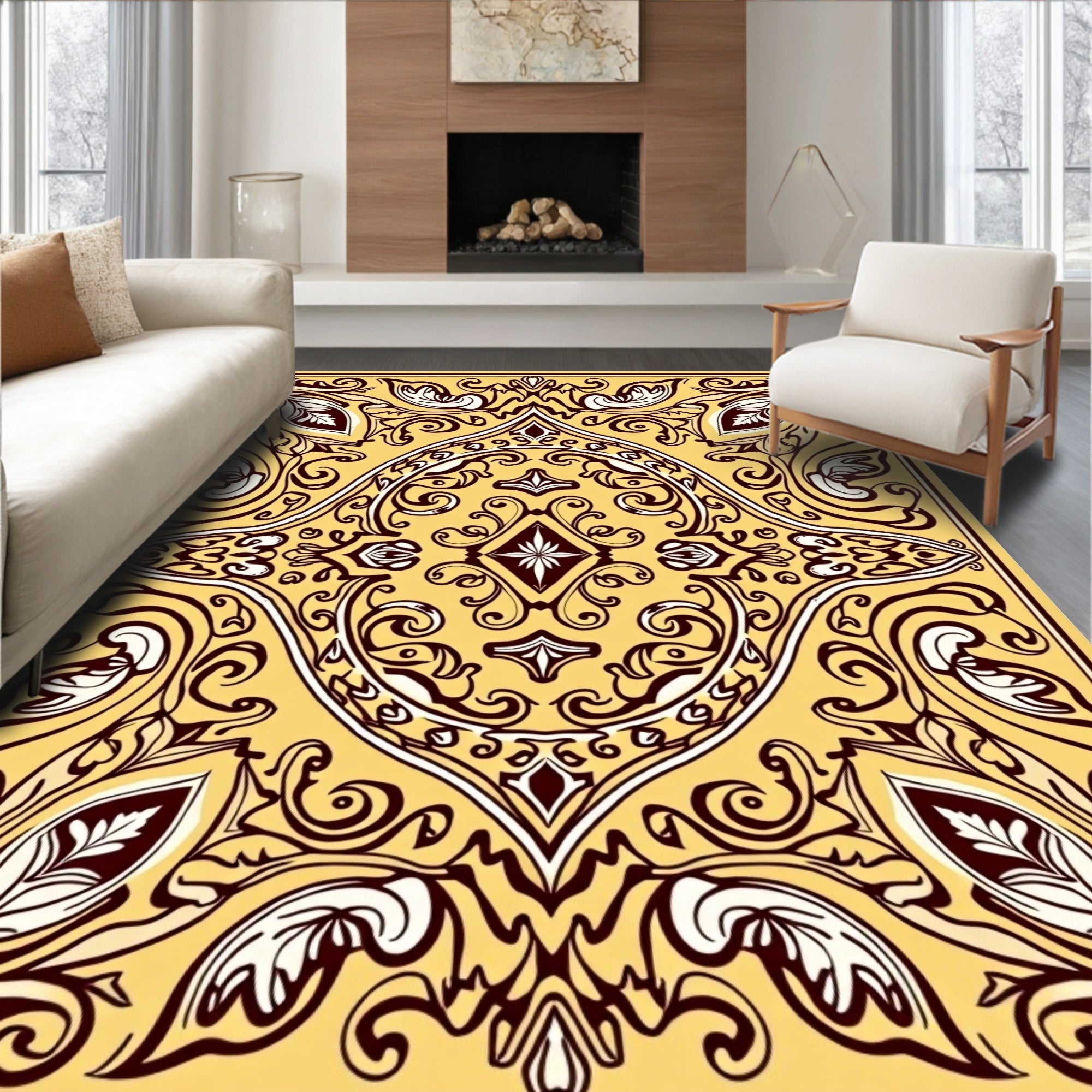 Yellow Burgundy Oval Leaf Scroll Rug