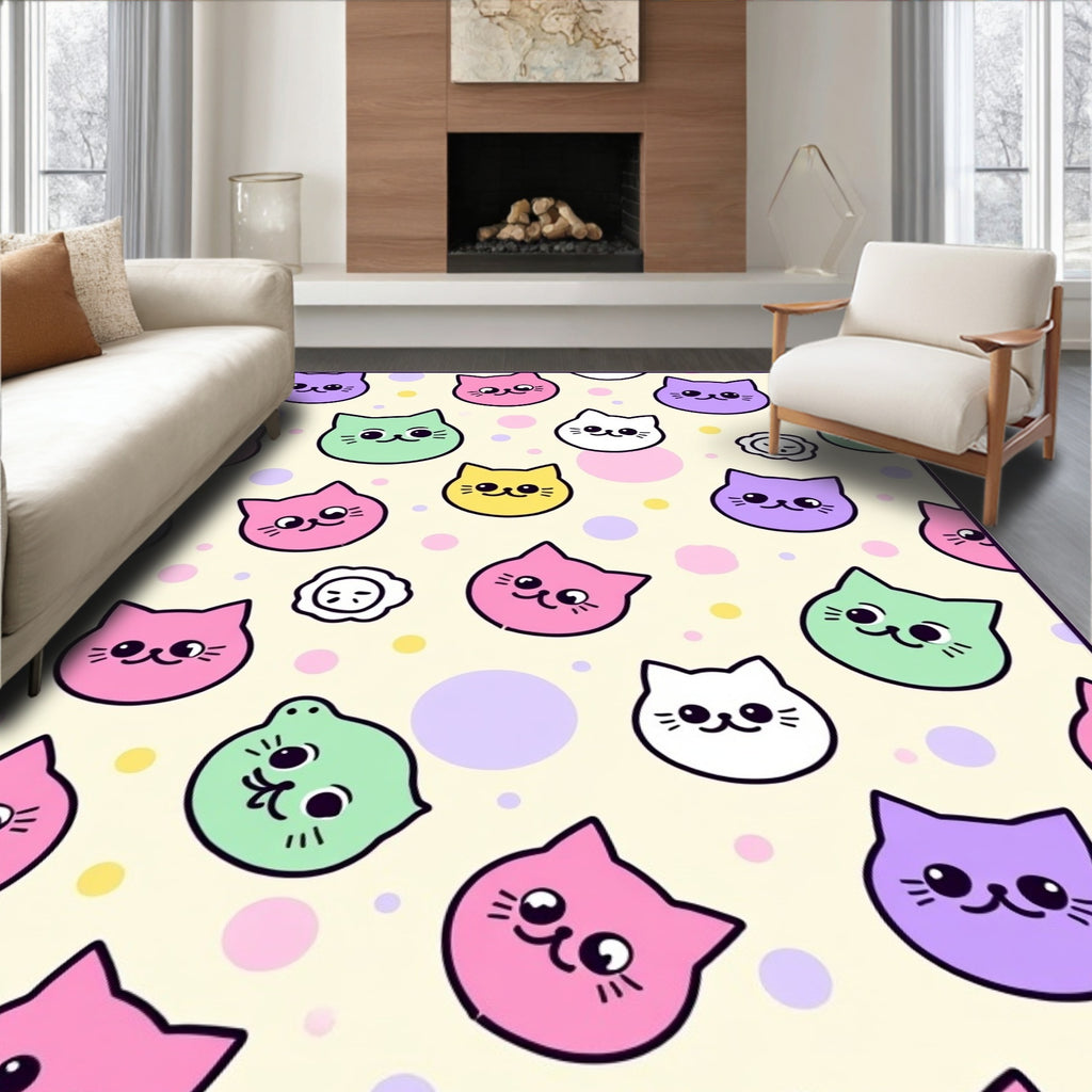 Cute Pastel Kitten Faces Scattered Dots Rug