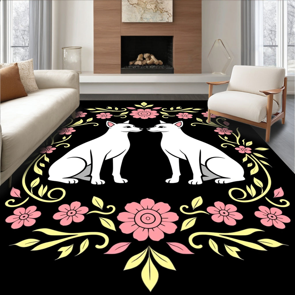 Pink Floral White Dogs Garland Rug