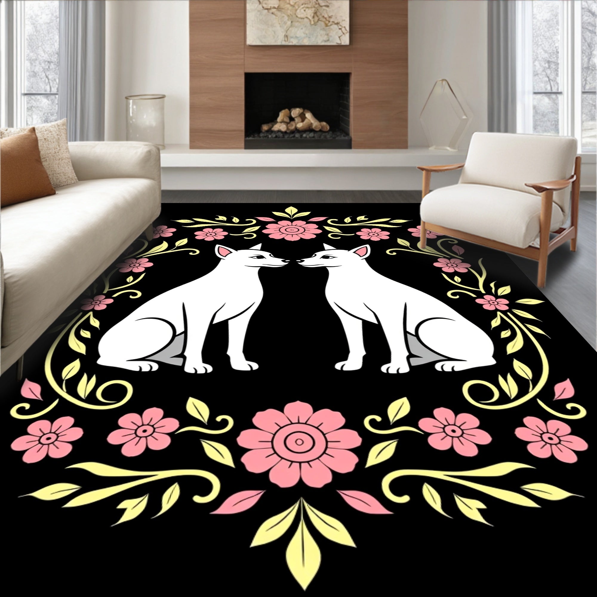 Pink Floral White Dogs Garland Rug