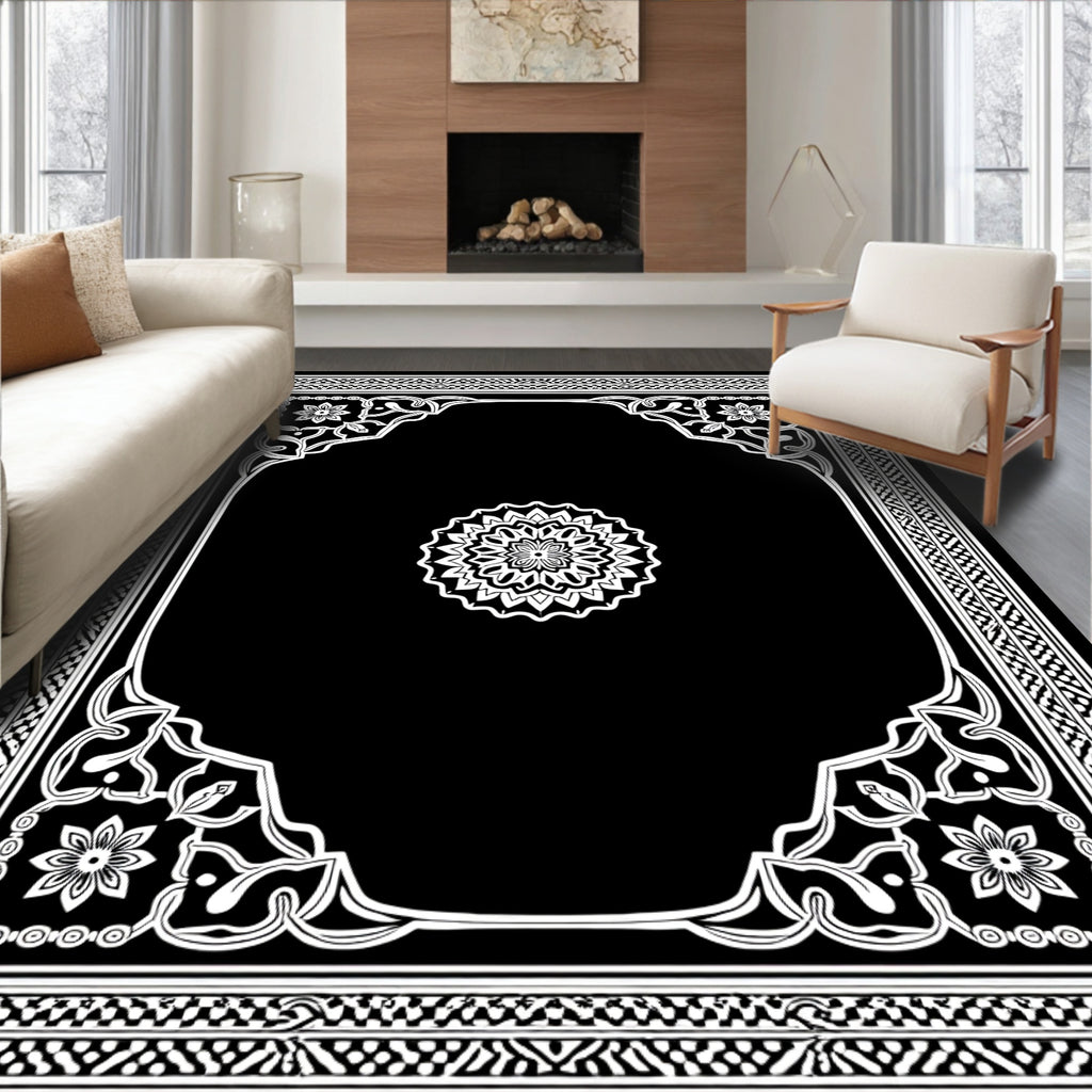 Intricate White Mandala Floral Border Rug