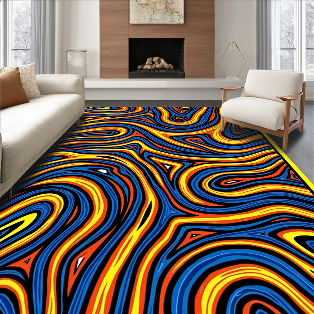 Vibrant Blue Yellow Orange Swirl Rug