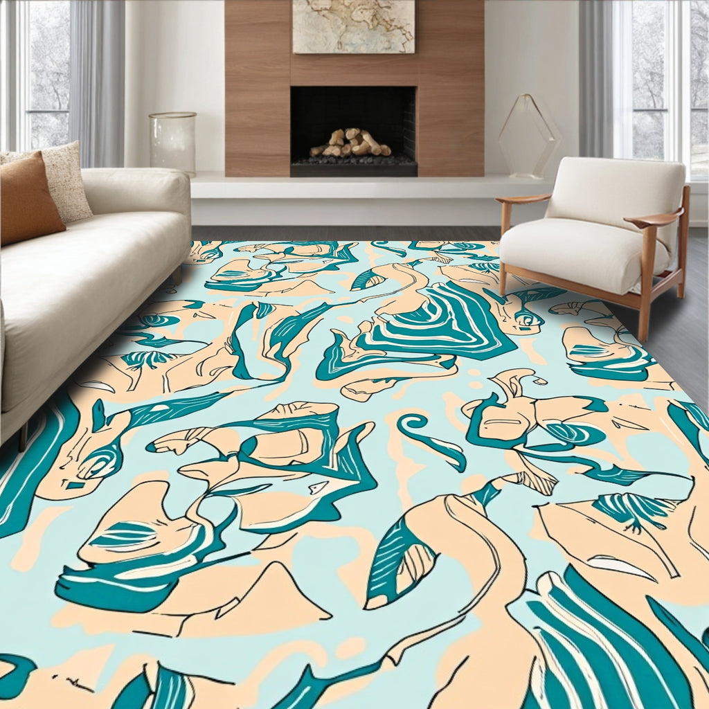 Abstract Teal Peach Organic Flow Rug