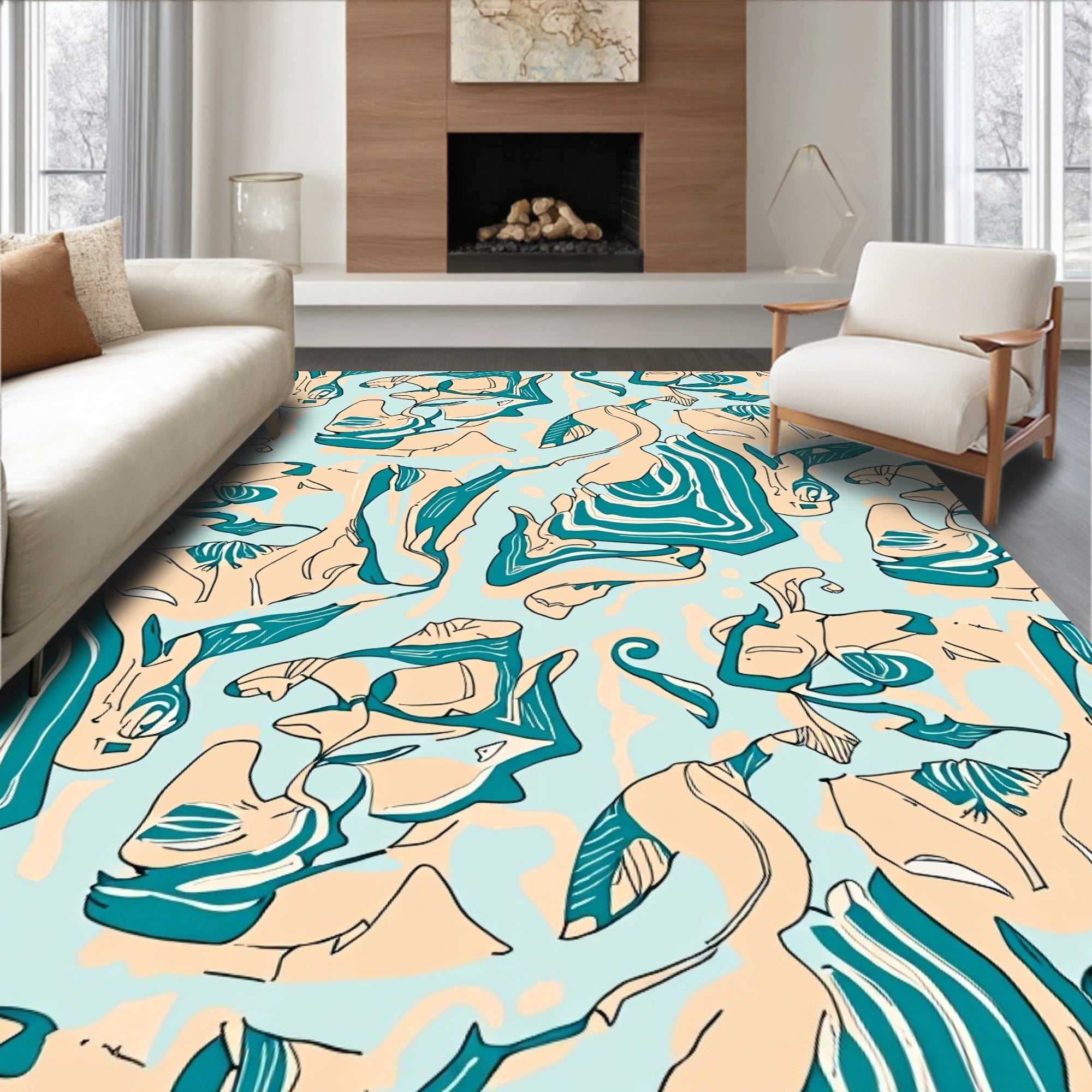 Abstract Teal Peach Organic Flow Rug