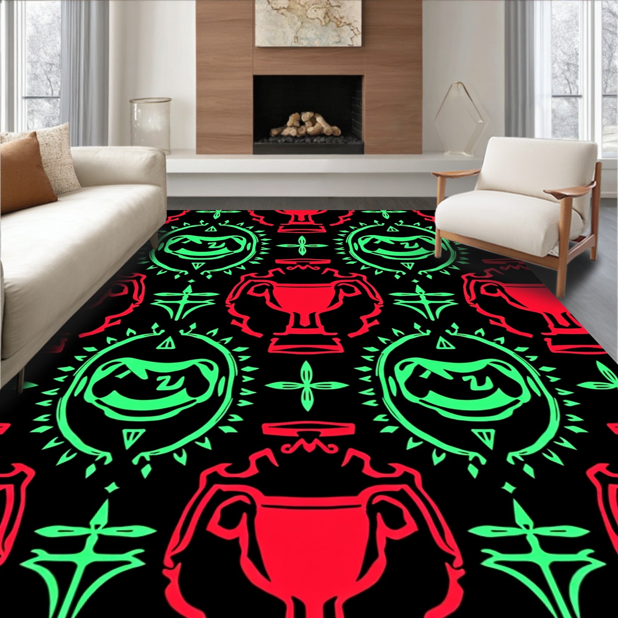 Bold Red Green Trophy Medallion Rug