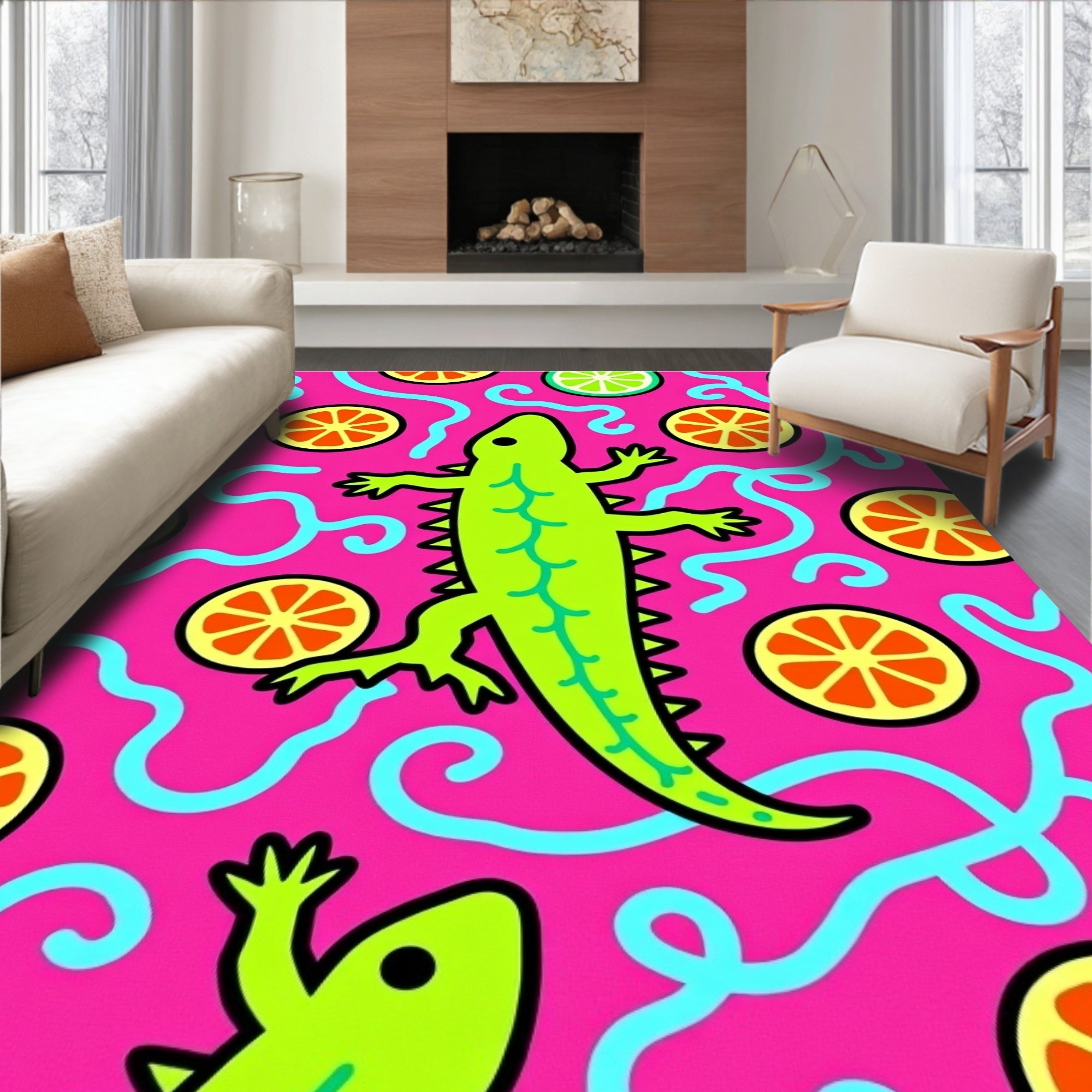 Bright Pink Lime Orange Lizard Swirl Rug