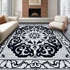 Intricate Black White Floral Medallion Rug