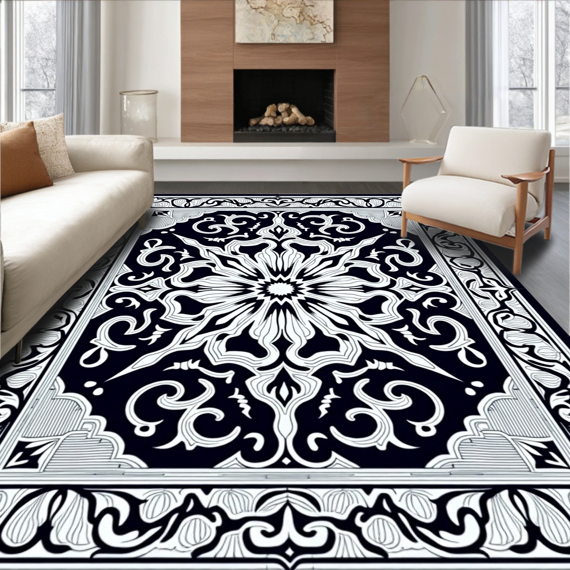 Intricate Black White Floral Medallion Rug