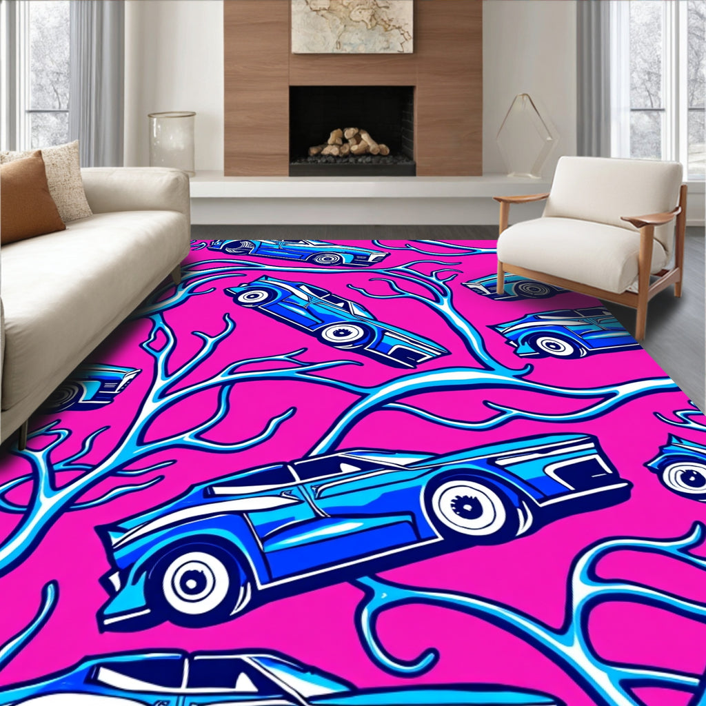 Bright Pink Blue Cartoon Cars Rug