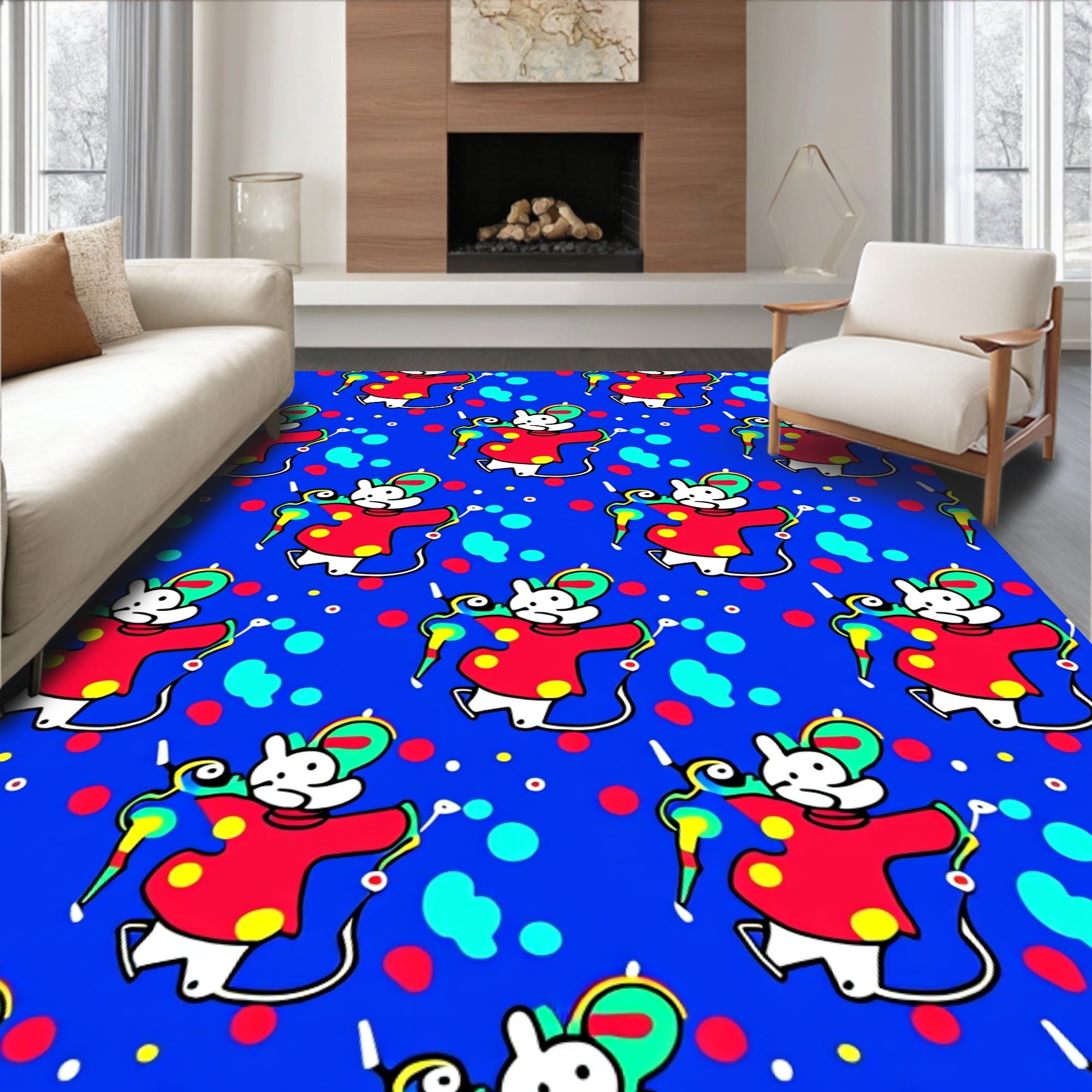 Playful Red Mouse Colorful Confetti Blue Rug