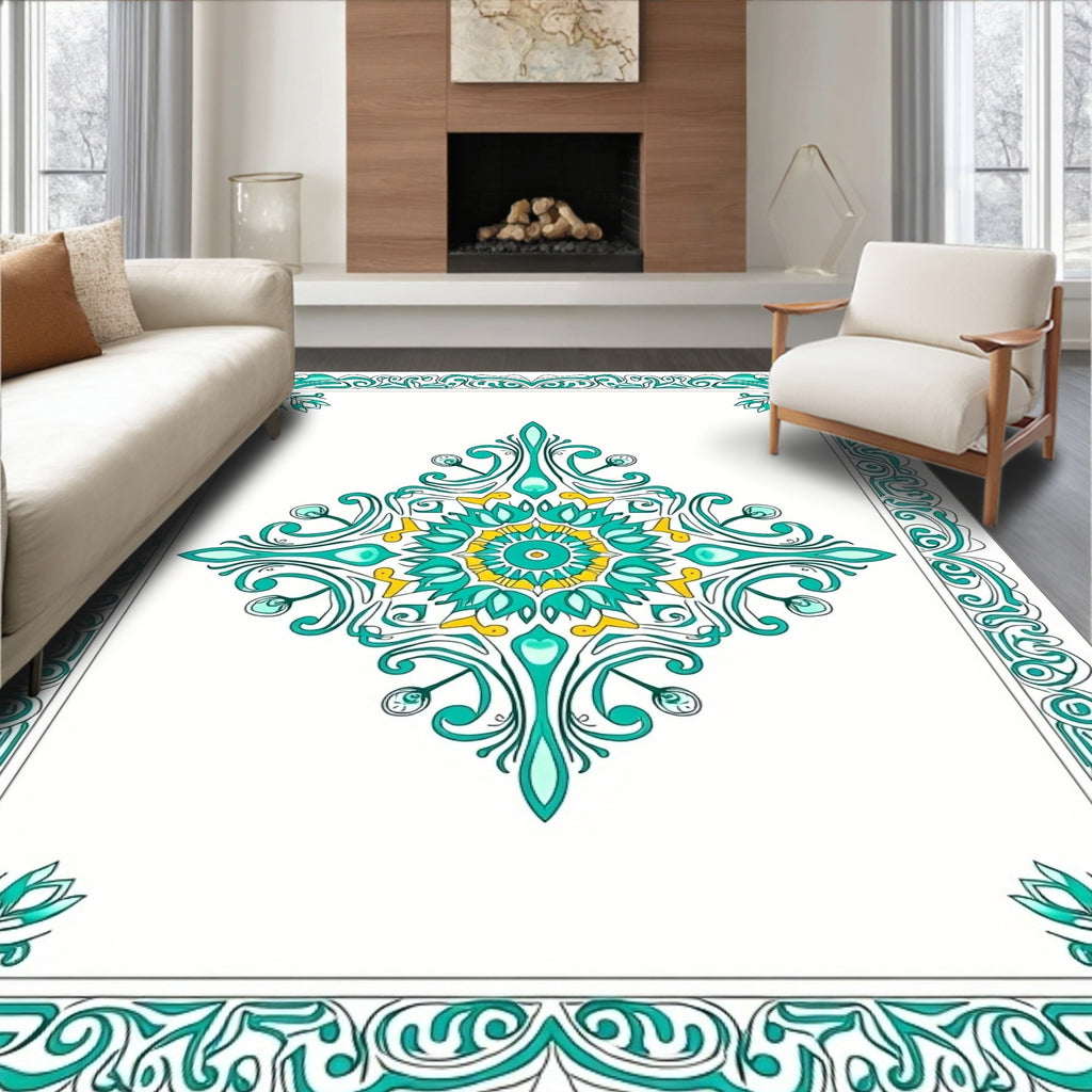 Elegant Teal Yellow Medallion Scroll Border Rug