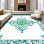 Elegant Teal Yellow Medallion Scroll Border Rug