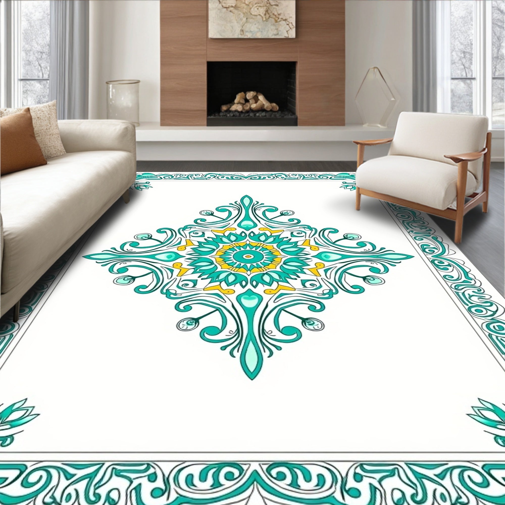 Elegant Teal Yellow Medallion Scroll Border Rug