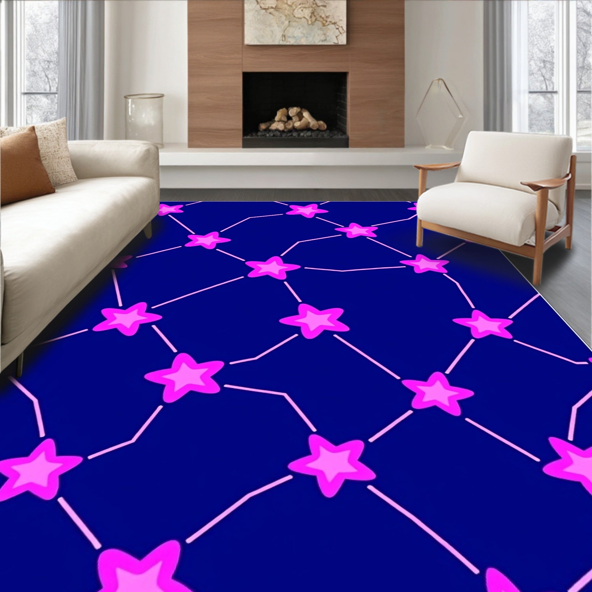 Pink Star Constellation on Deep Blue Background Rug