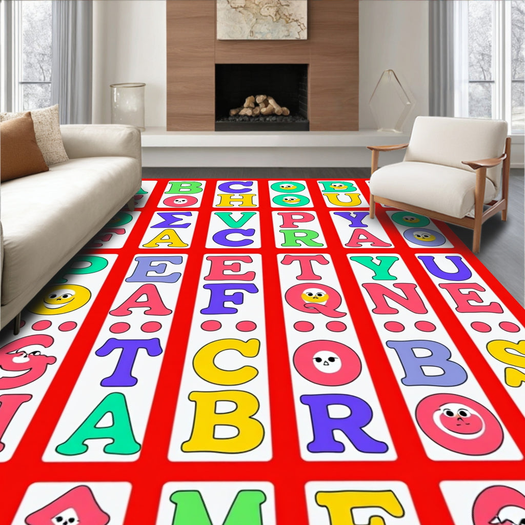 Retro Alphabet Faces Colorful Squares Rug