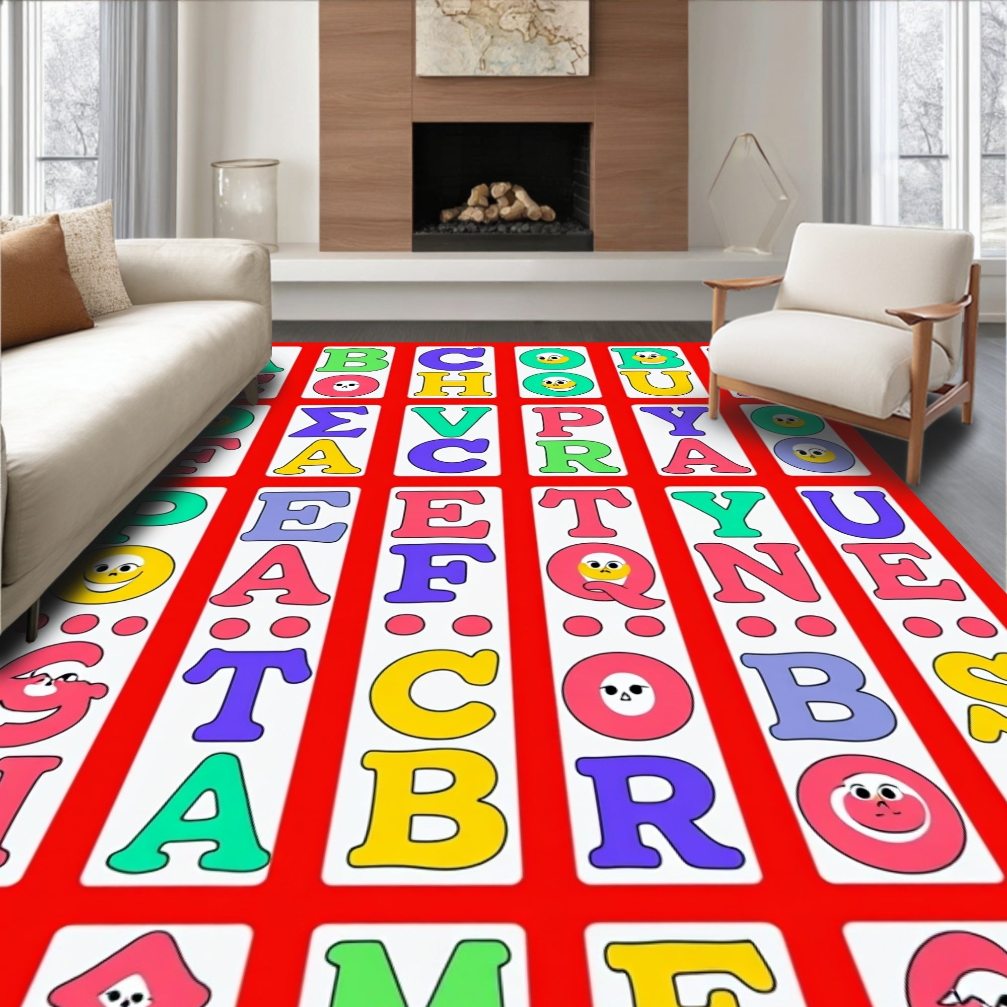 Retro Alphabet Faces Colorful Squares Rug