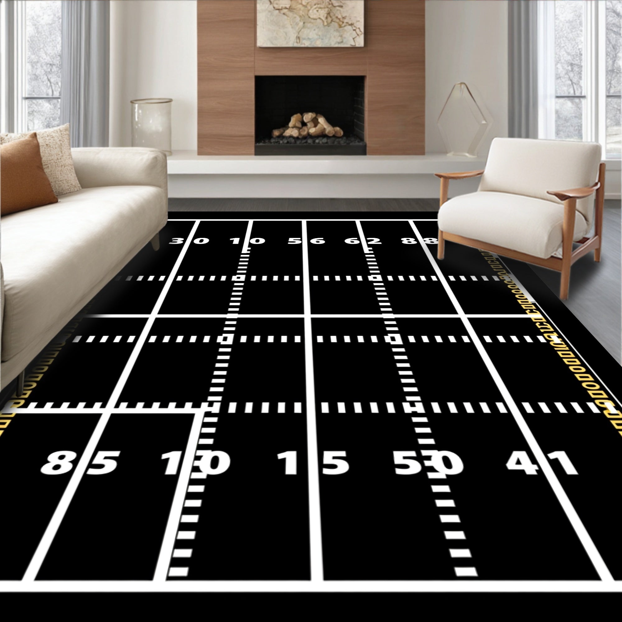 Black and White Football Field Numeric Rug