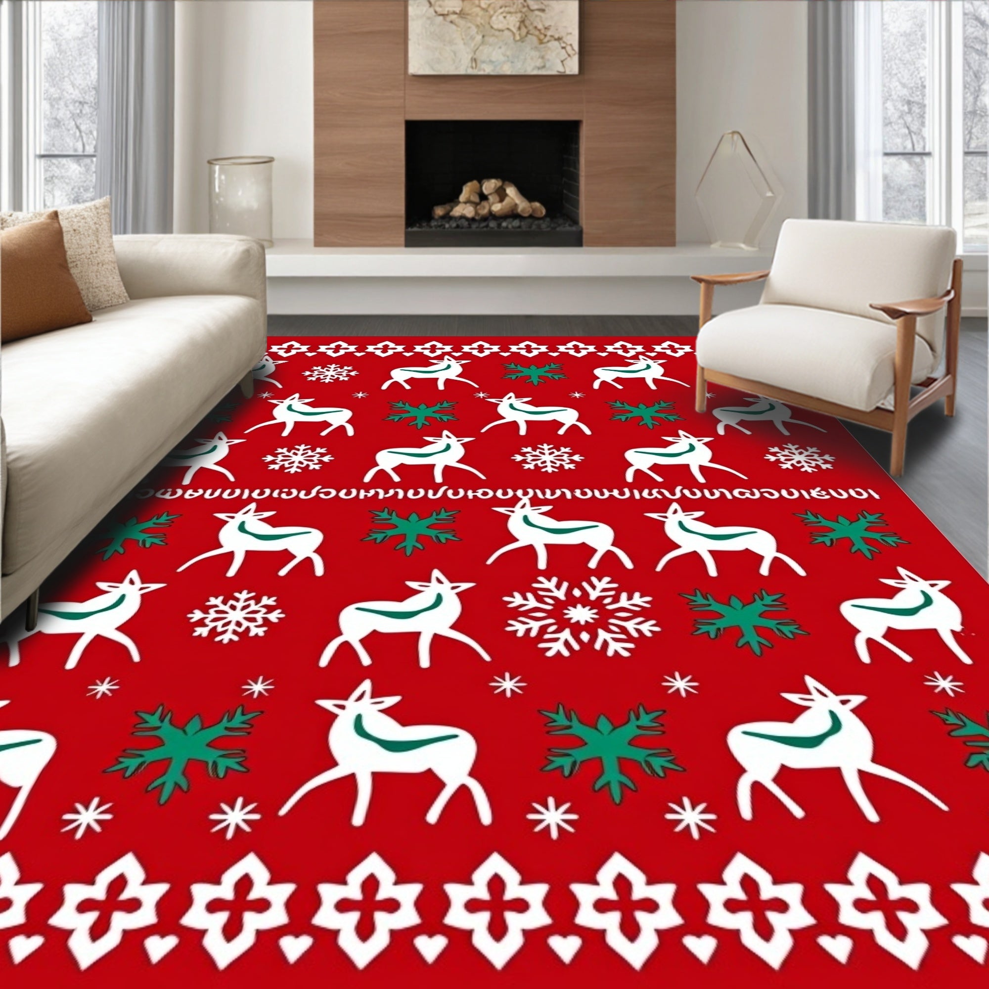 White Deer Snowflake Holiday Repeat Rug