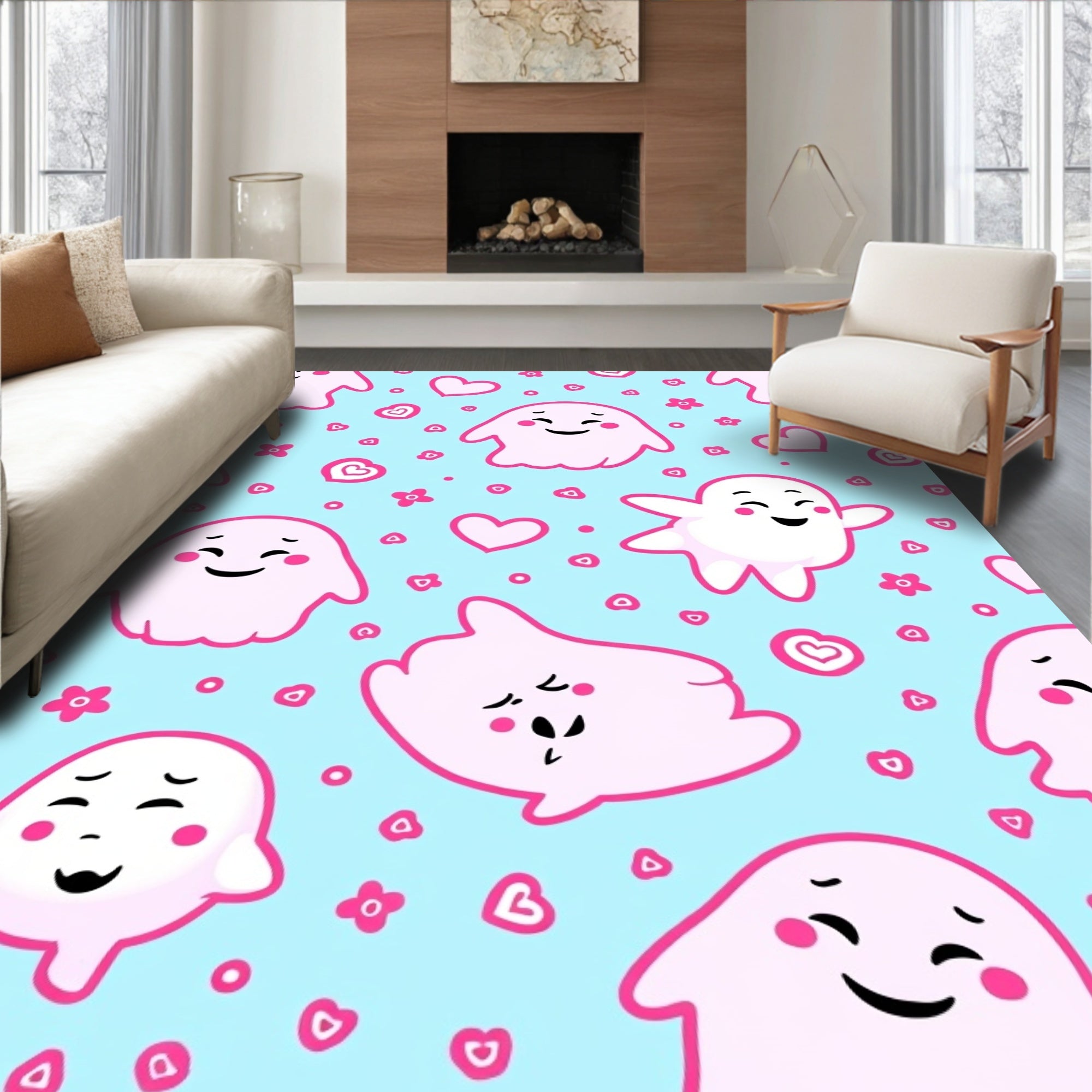 Pink Ghost Hearts Floral Playful Scene Rug