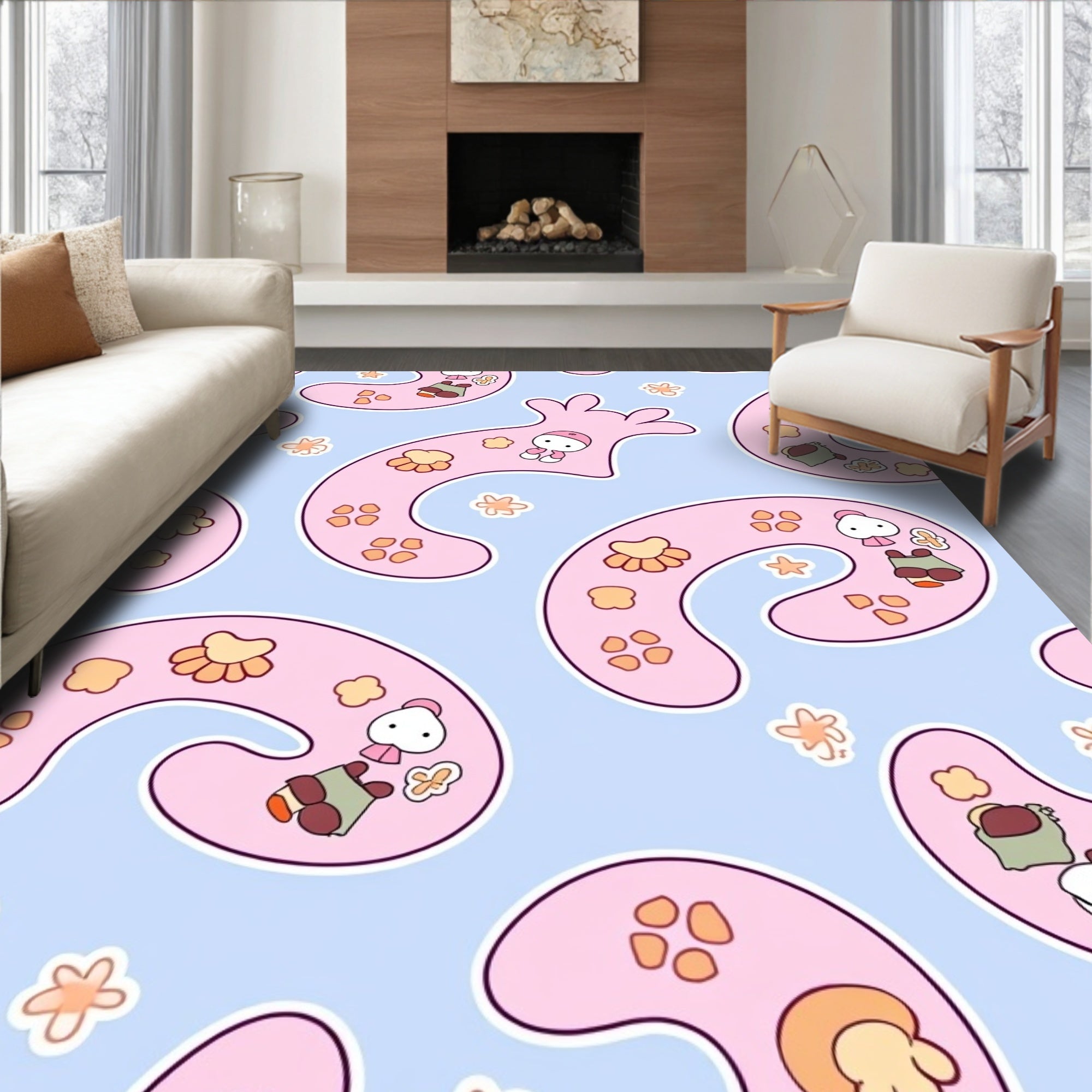 Whimsical Pink Kawaii Character Blooms Rug