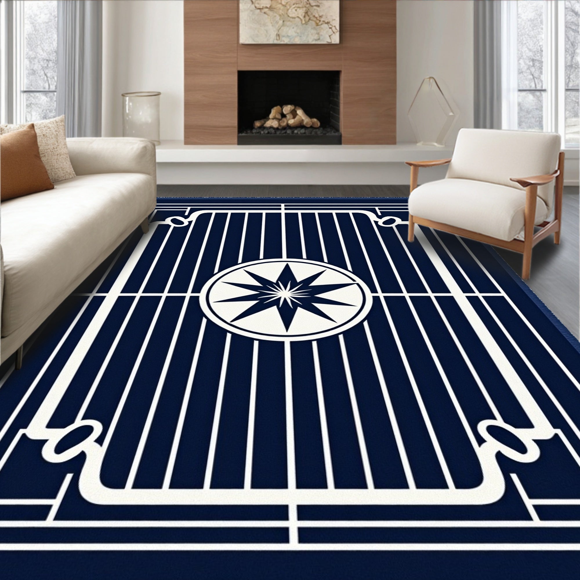 Navy White Geometric Compass Star Rug