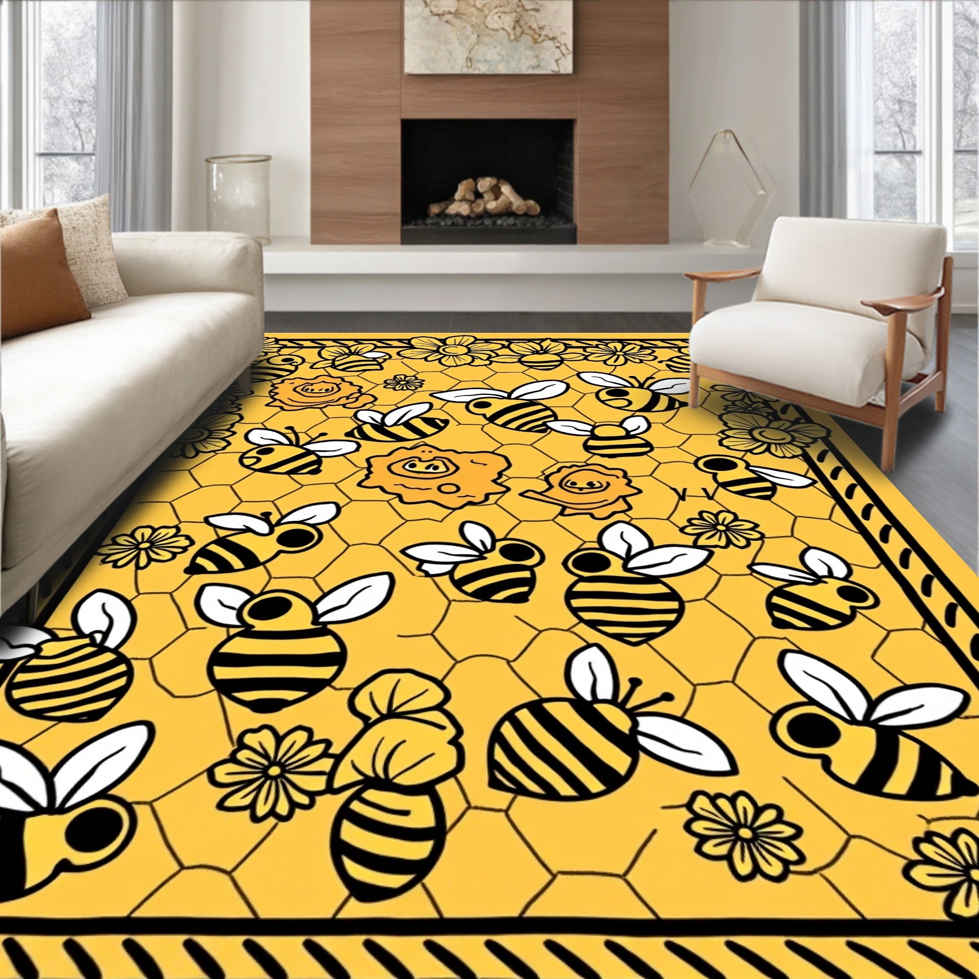 Whimsical Yellow Bee Flower Honeycomb Rug