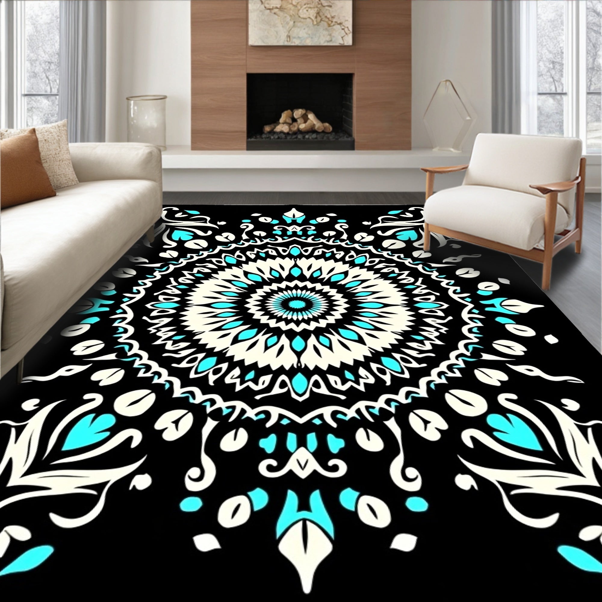 Black Turquoise Cream Mandala Medallion Rug