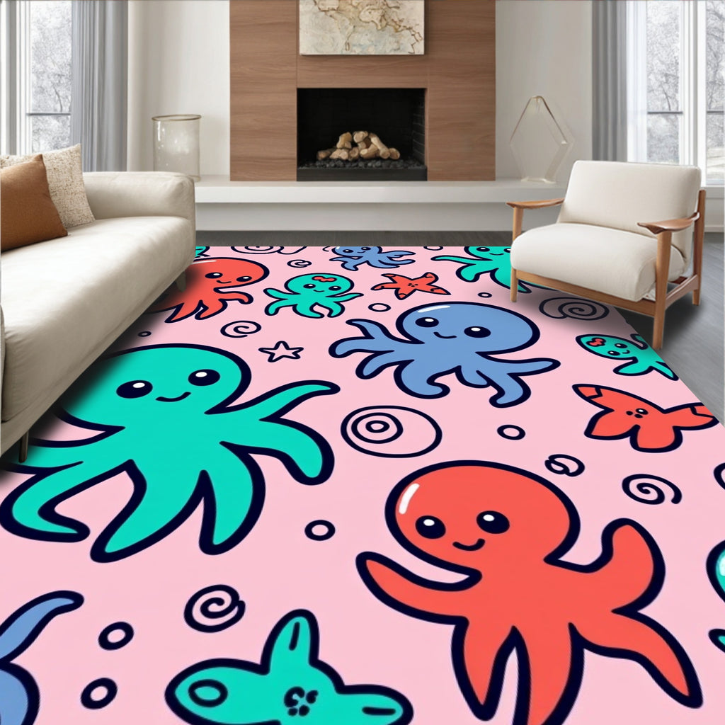Cute Coral Teal Blue Octopus Splash Rug