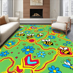 Whimsical Bee and Blue Flower Meadow Rug