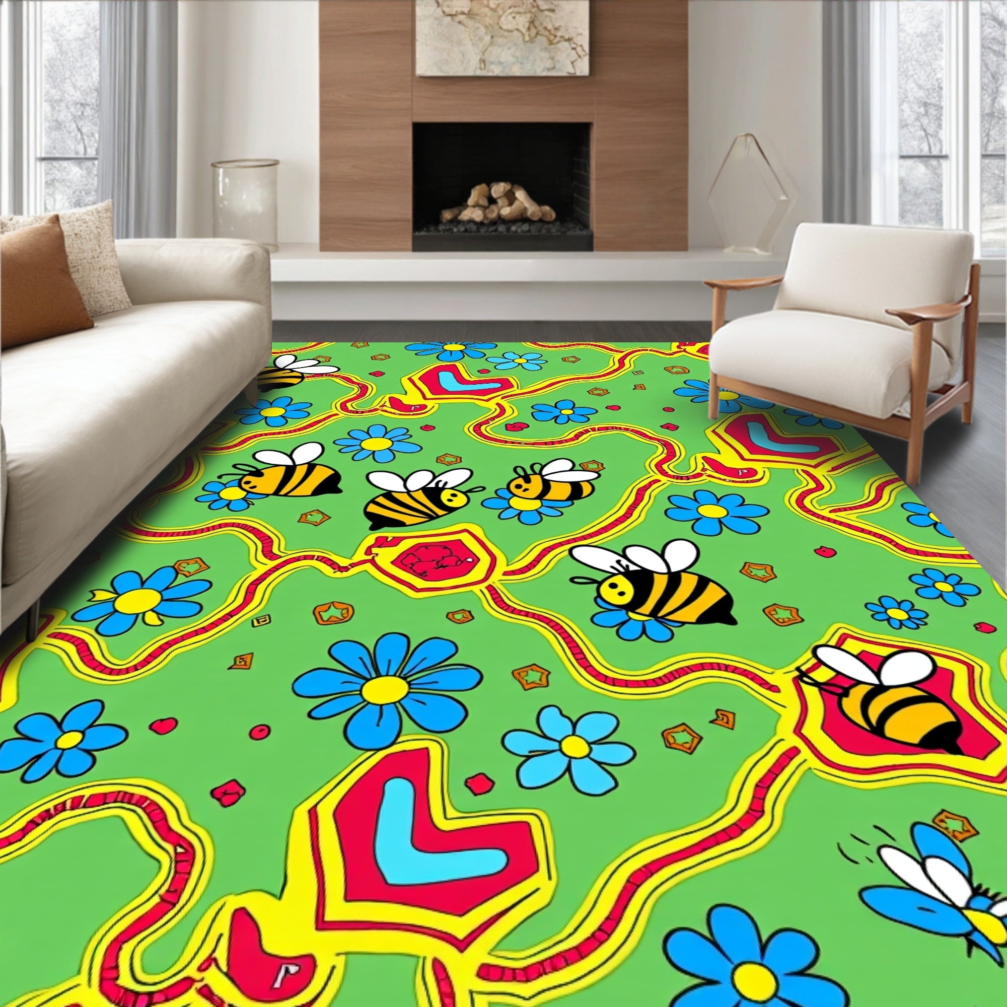 Whimsical Bee and Blue Flower Meadow Rug